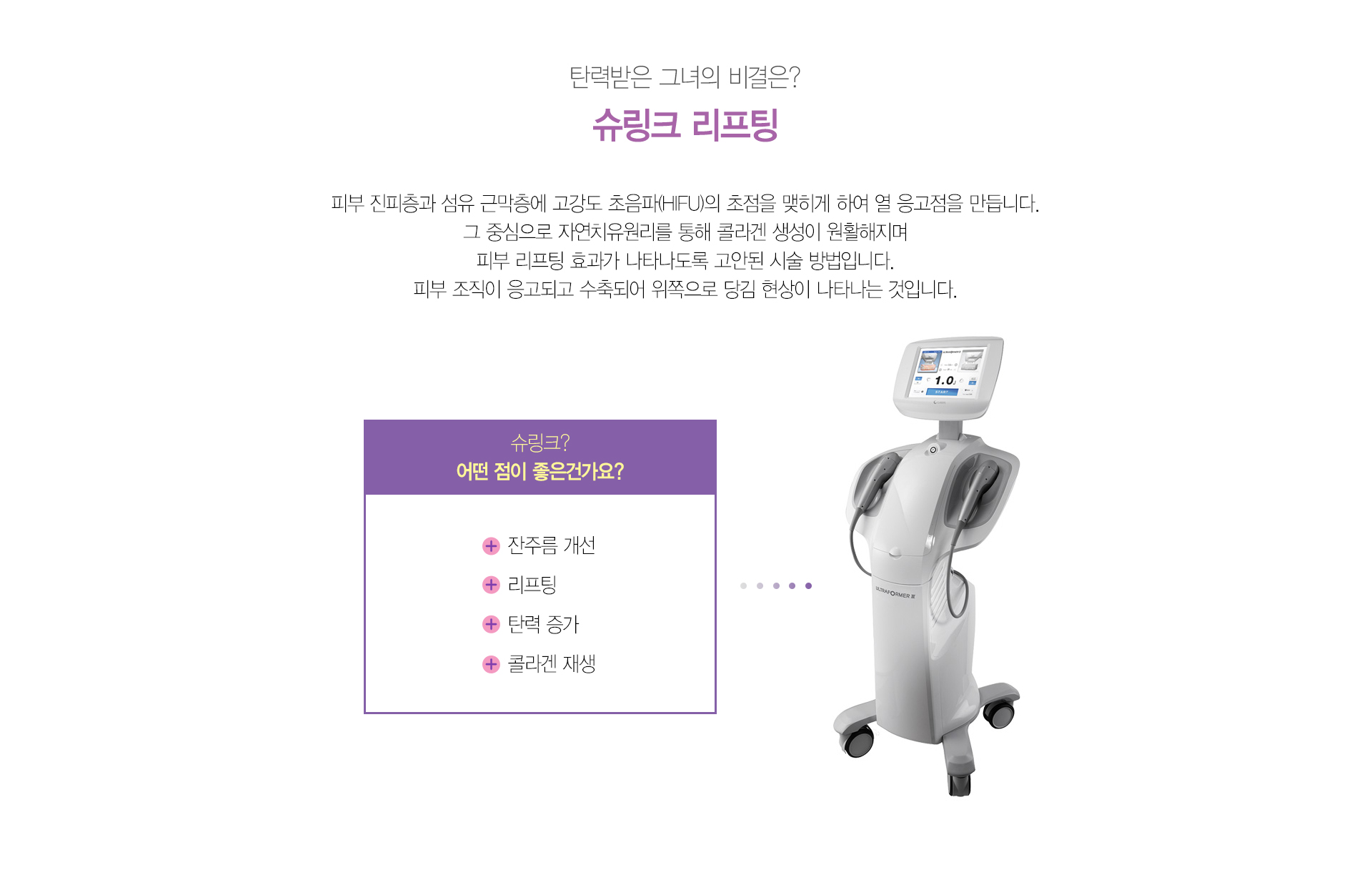 슈링크 리프팅이란? 슈링크는 피부 진피층과 섬유 근막층에 고강도 초음파(HIFU)의 초점을 맺히게 하여 열 응고점을 만들어 줍니다. 그 중심으로 자연치유원리를 통해 콜라겐 생성이 원활해지며 피부 리프팅 효과가 나타나도록 고안된 시술 방법입니다. 피부 조직이 응고되고 수축되어 위쪽으로 당김 현상이 나타나는 것입니다.